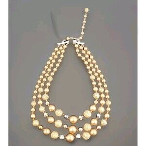 Vintage 3 Strand Beaded Necklace Gold Tone Fashion Jewelry Japan